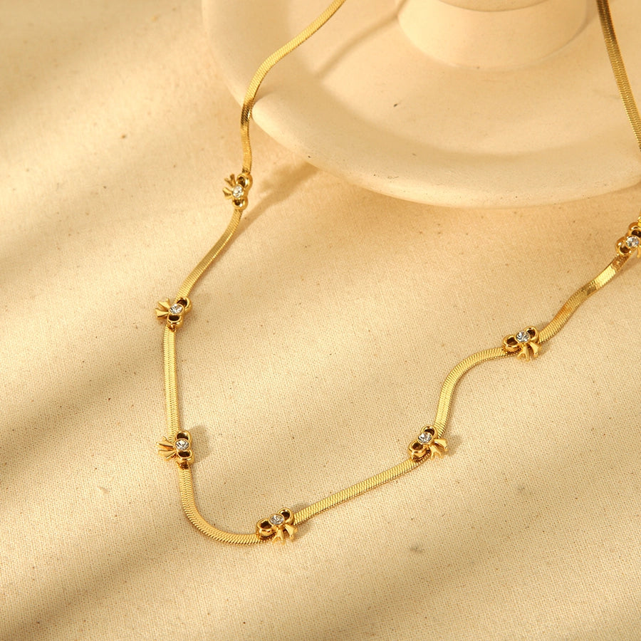 Flat Chain Bow Necklace w Stones