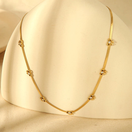 Flat Chain Bow Necklace w Stones
