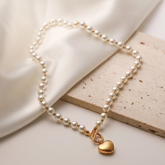 Pearls w Gold Heart Necklace
